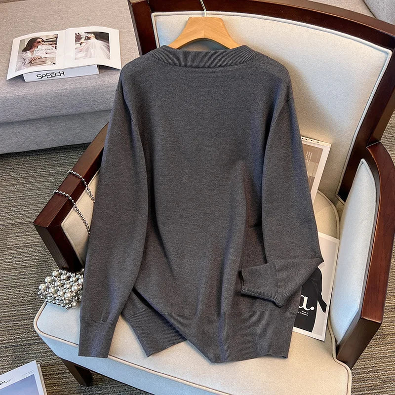 170Kg Plus Size Women's Bust 160 Spring Autumn Loose Cardigan Sweater Knitted Jacket Black Dark Gray 4XL 5XL 6XL 7XL 8XL 9XL