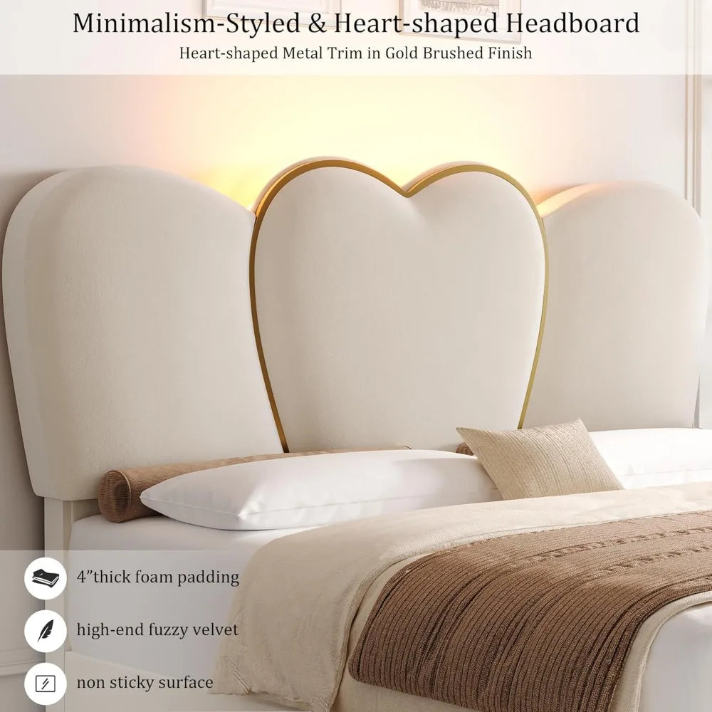 LED Bed Frame with 4 Storage Drawers, Modern Velvet Upholstered Platform Bed with 55" Tall Heart Shaped Headboard, Bed Bases