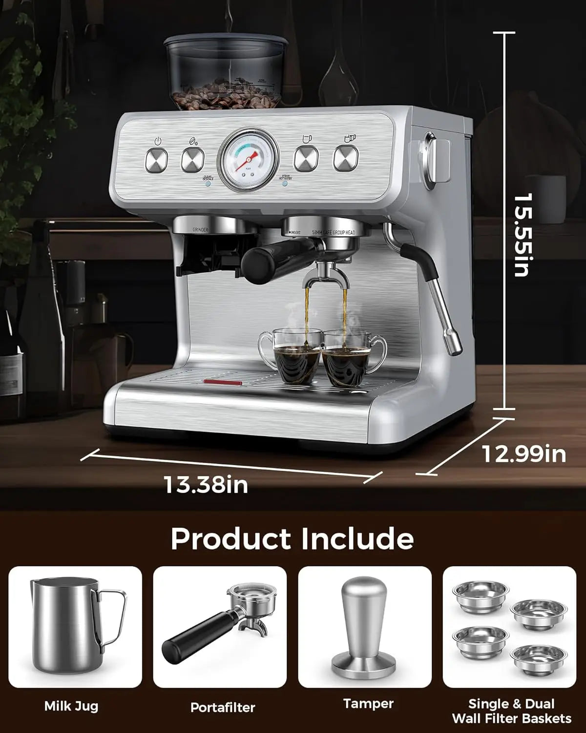 Machine 15 Bar, Semi-Automatic Espresso Maker with Bean Grinder and Milk Steam Wand, 75 Oz Removable Water Tank