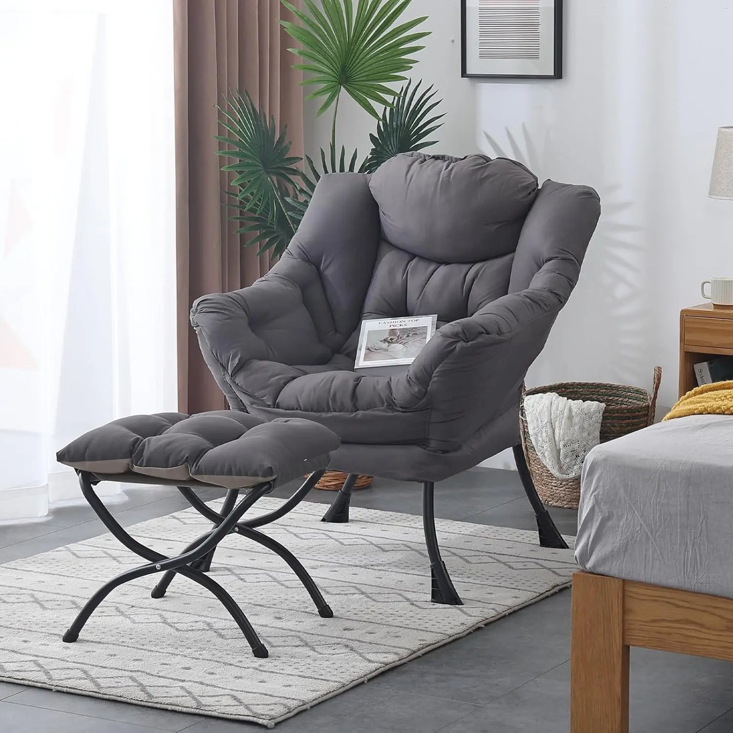 Chair with Ottoman, Modern Lounge Accent with Armrests and a Side Pocket, Leisure Upholstered Sofa Reading