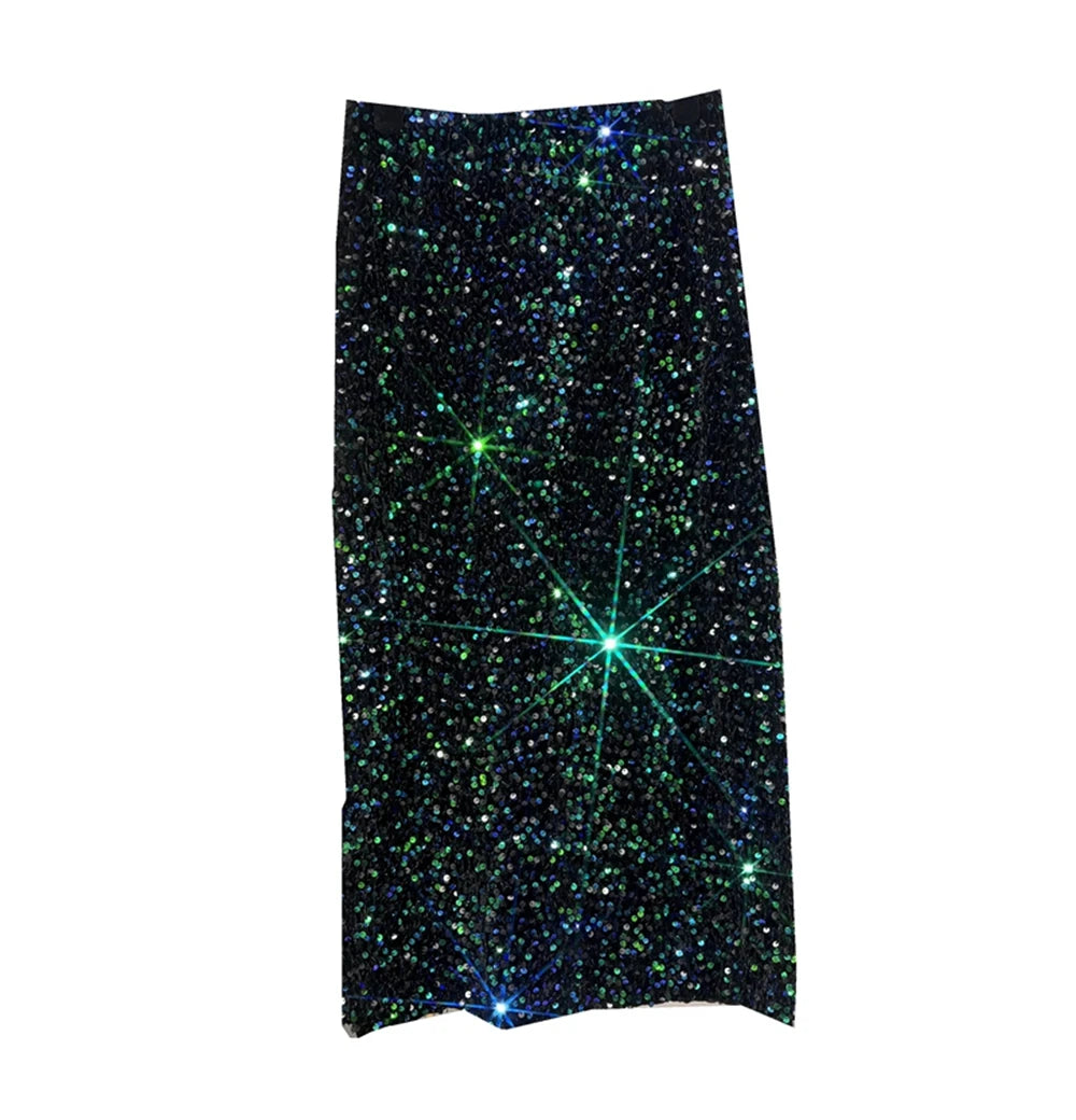 2022 New Thickened French High-waisted Slim, Versatile Mid-length Skirt with Hip Wrap Slit Black Sequin Skirt for Women