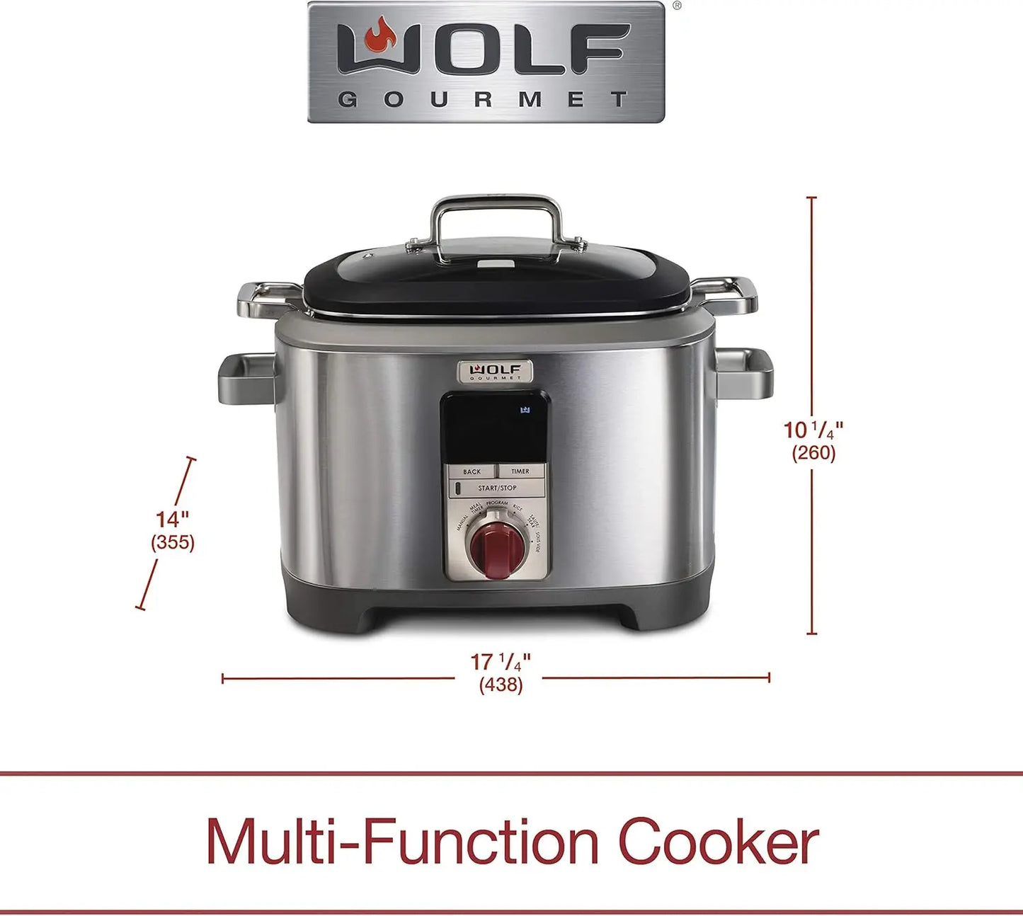 Programmable 6-in-1 Multi Cooker with Temperature Probe Slow Cook, Rice, Sauté, Sear, Sous Vide, Stainless Steel, Red Knob