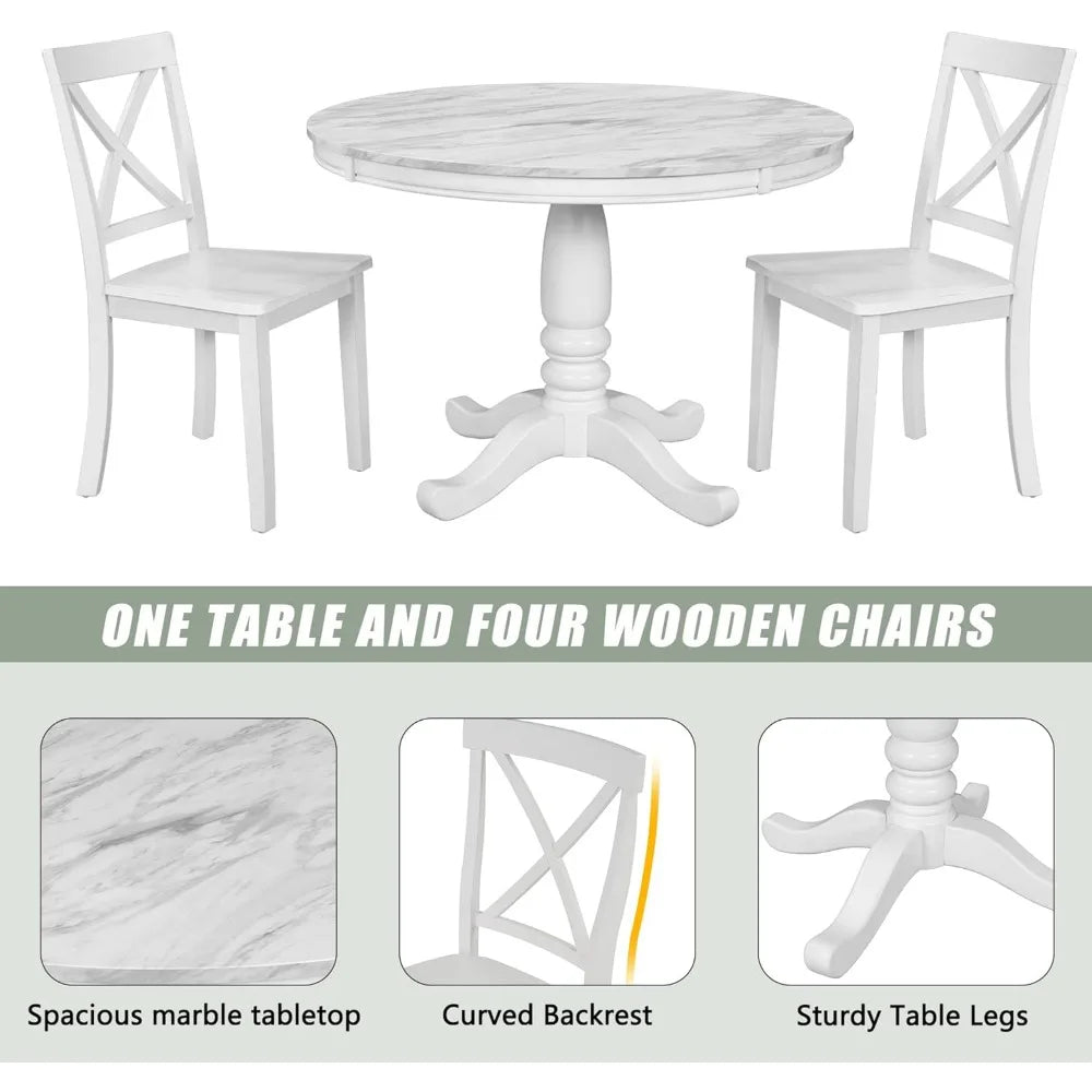 5-Piece Round Table and Chairs Set, with Marble Veneer Top and Wood Frame ,Dining Table and Chairs