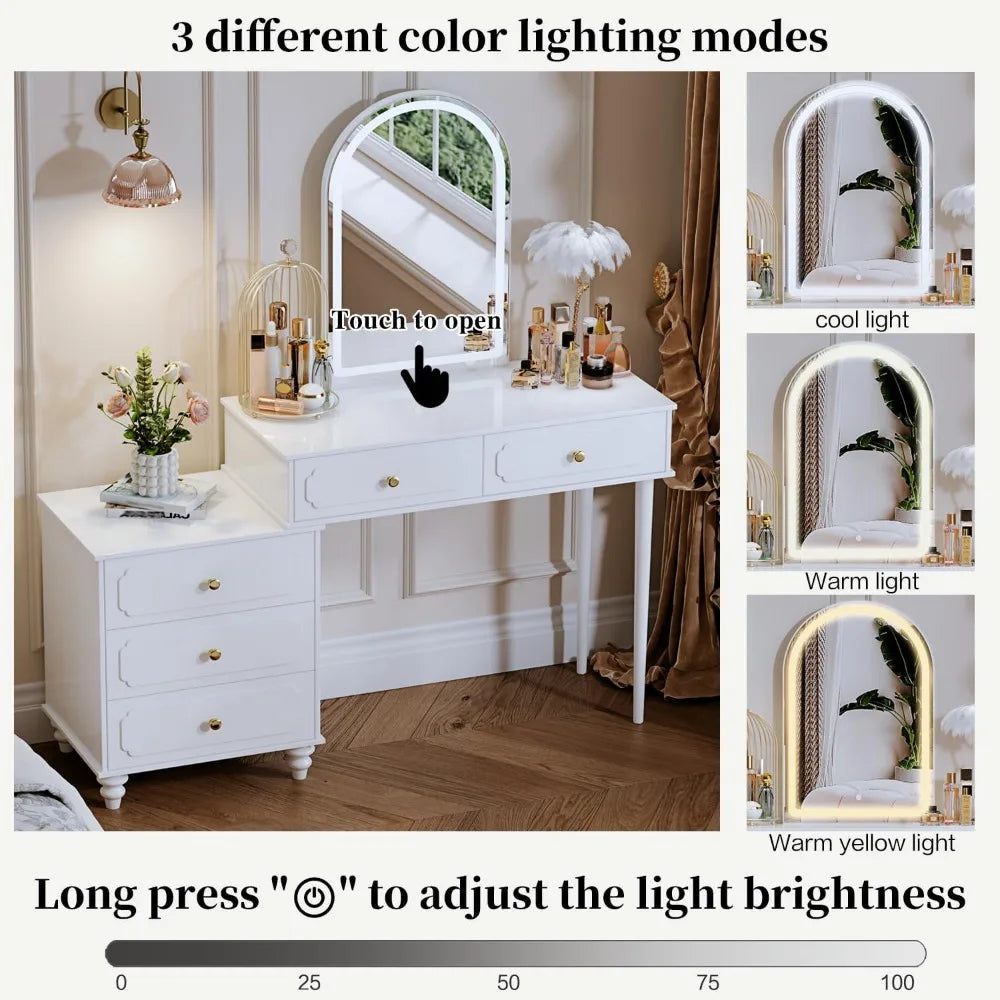 Vanity Desk with Mirror and Lights,Makeup Vanity with Power Outlet and Adjustable Cabinet,Modern Makeup Table with 3 Drawers