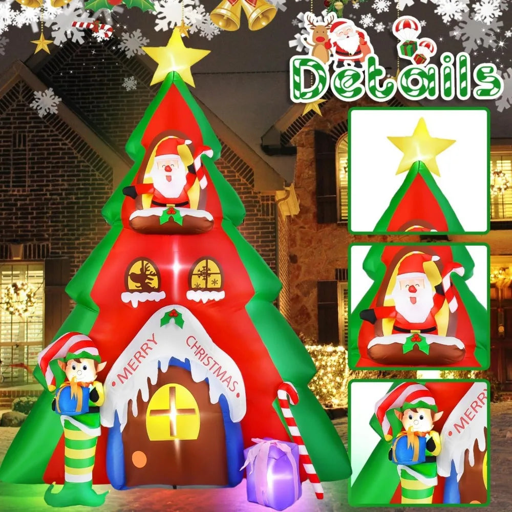 10FT Inflatable Christmas Tree & Santa Claus House Decoration, Christmas Blow up Santa Decoration with Lights for Outdoor Indoor