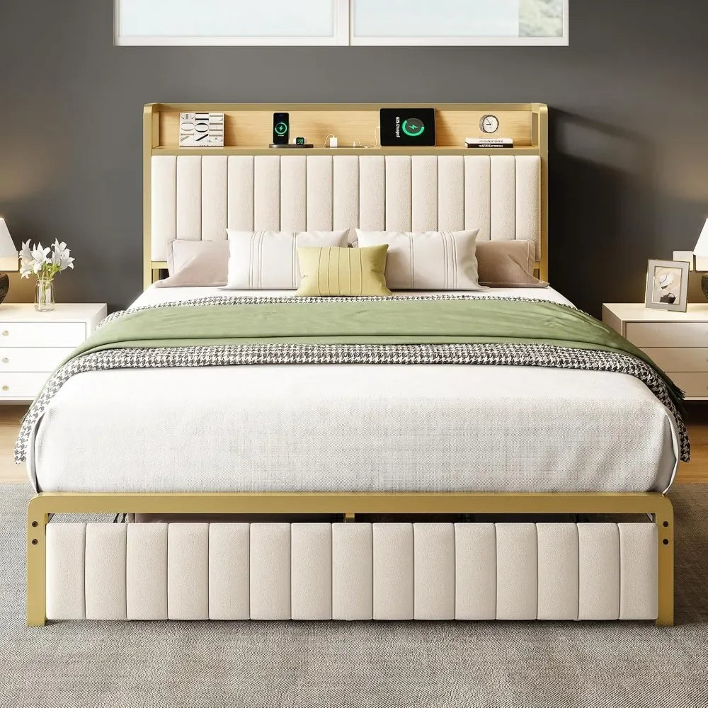 Queen Size Bed Frame with Motion Activated Light, LED Platform Bed with Integrated Drawer and Storage Headboard