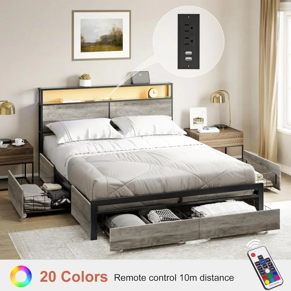 Queen Bed Frame with Storage Headboard and 4 Drawers LED Lights Metal Platform with Non-Slip Surface, Noise-Free Sturdy Meta