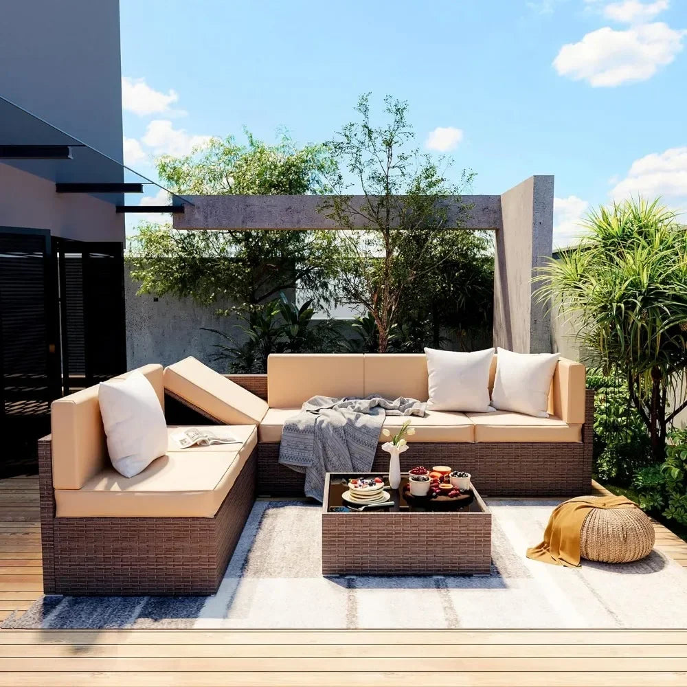 Wicker Patio Sectional Sofa, Rattan Conversation Set with Coffee Table and Washable Cushions, Outdoor Furniture Sets