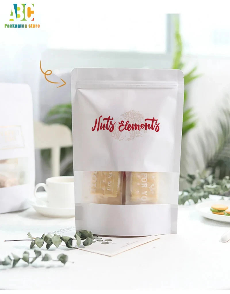 White Kraft Paper Bag,Frosted Window,Waterproof,Nut,Biscuit,Food,Packaging Bags,Custom Logo, Best Selling