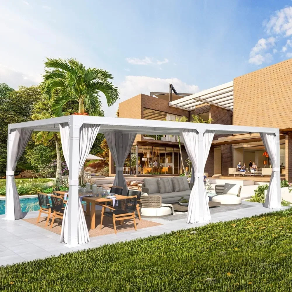 Awning,Louvered Pergola10x20,Aluminum Pergola with Adjustable Louvered Roof,Outdoor Awning with Waterproof Curtains and Nets