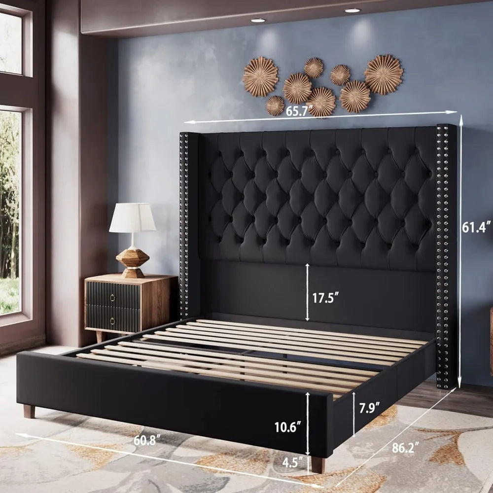 Velvet Upholstered Bed Frame Queen Size 61.4" Tall Headboard Queen Bed Frame/Deep Button Tufted/No Box Spring Needed/Black Beds