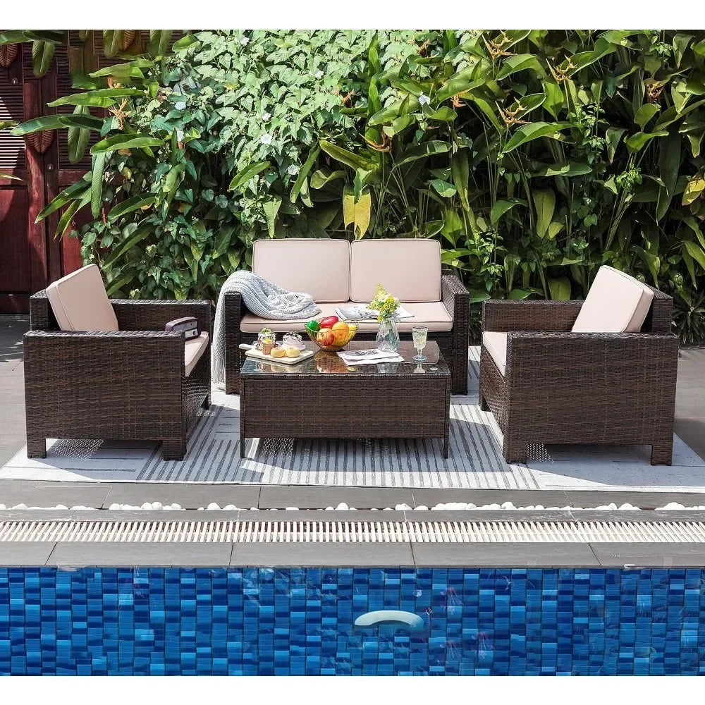 4 Pieces Patio Furniture Sets Rattan Chair Wicker Conversation Sofa Set, Outdoor Indoor Backyard Garden Poolside Balcony Use