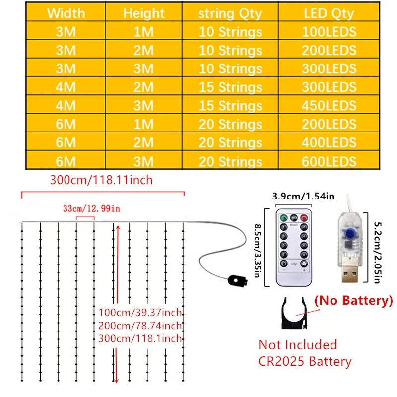 LED Curtain String Lights USB Christmas Garland Decor Fairy Light 8 Modes Remote Control Wedding Holiday Party for Bedroom Home