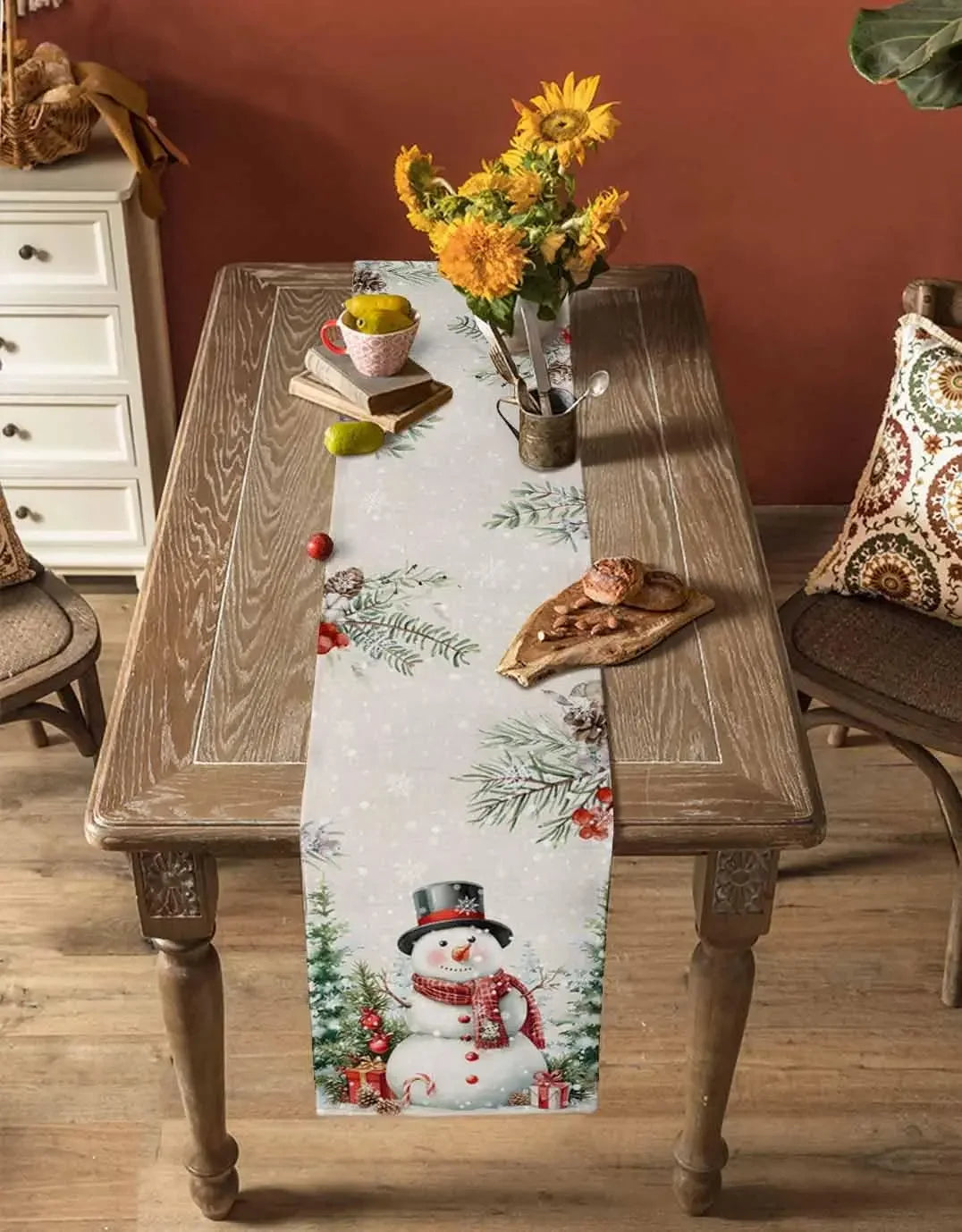 Christmas Snowman Snowflake Botanical Tree Linen Table Runners Dining Room Decor Washable Table Runner Christmas Decoration