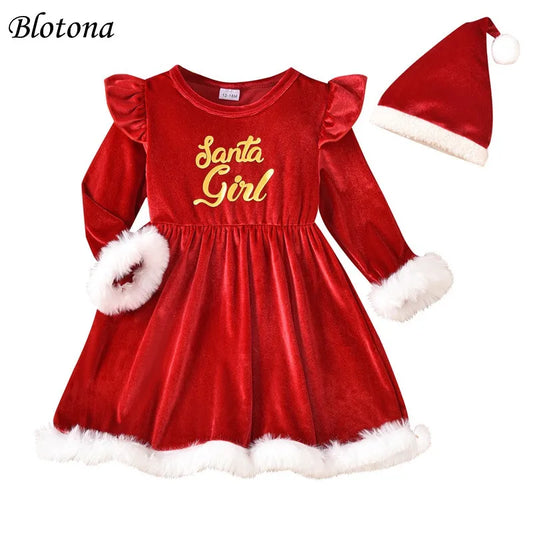 Blotona Little Girls Christmas Outfits Ruffled Long Sleeve Letter Print Velvet Terry Trim A-Line Dress with Santa Hat