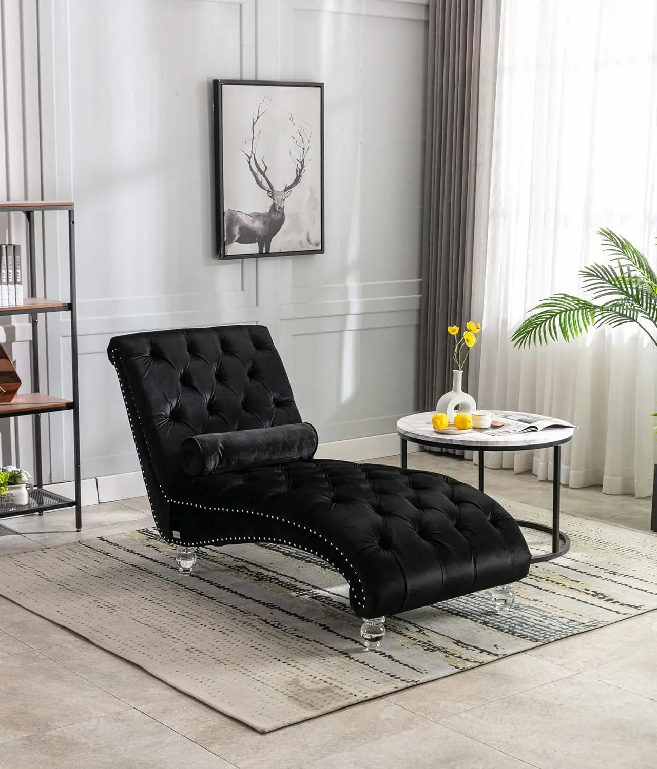 Velvet Chaise Lounge Chair with Toss Pillow, Tufted Button Lounge Chair with Acrylic Legs, Upholstered Indoor Sleeper Chair