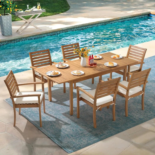 7 Piece Patio Dining Set, Extendable Rectangular Table and 6 Stackable Chairs, Outdoor Acacia Wood Furniture Set