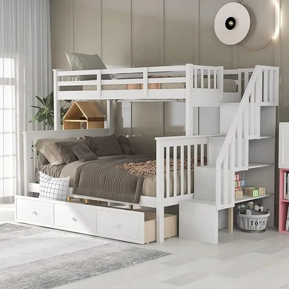 Twin Over Full Bunk Beds with Stairway and 3 Storage Drawers,Solid Wooden with Storage Stairway and Guard Rail for Bedroom, Dorm