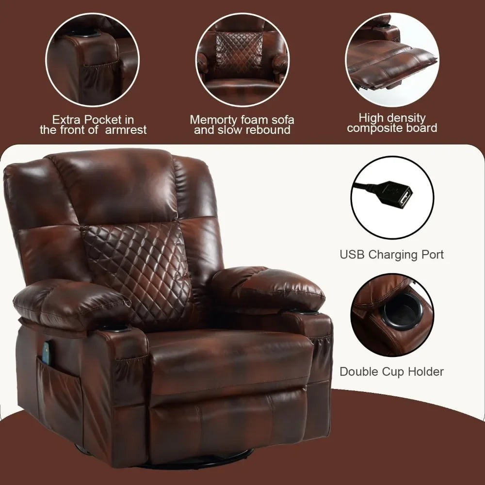 Swivel Rocker Recliner Chair with Massage and Heat, Overstuffed PU Leather Manual Recliner for Adults, Brown,Living Room Chairs