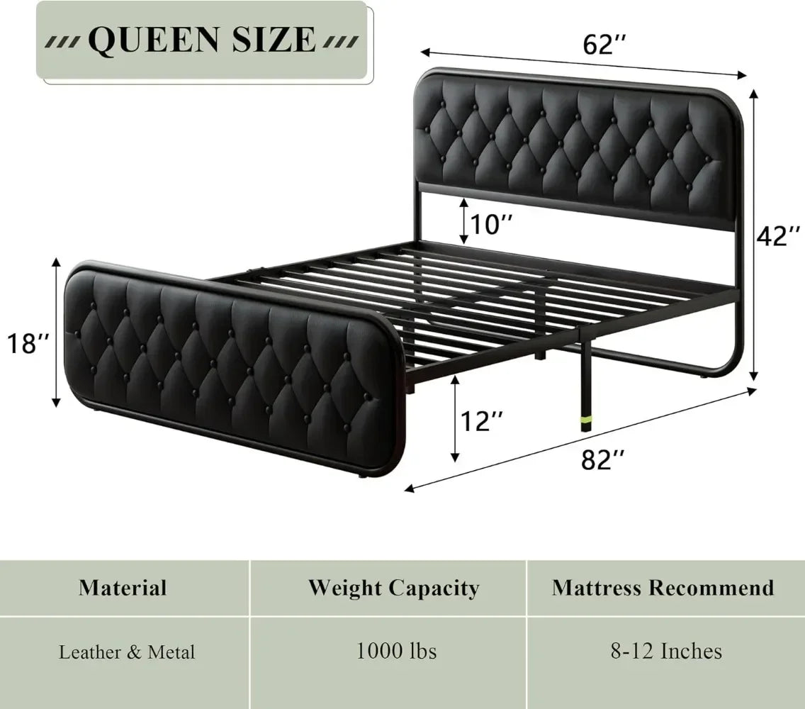 Queen Bed Frame, Heavy Duty Bed Frame with Faux Leather Headboard, Upholstered Beds with Strong Metal Slats, 12" Bed Frame