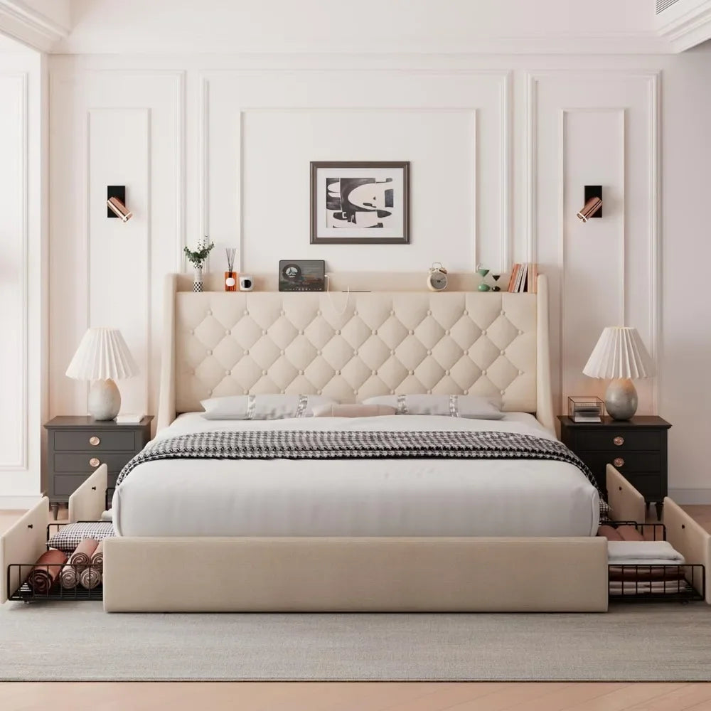 Upholstered Queen Bed Frame with 4 Storage Drawers, Charging Station and Tufted Wingback Storage Headboard,No Box Spring