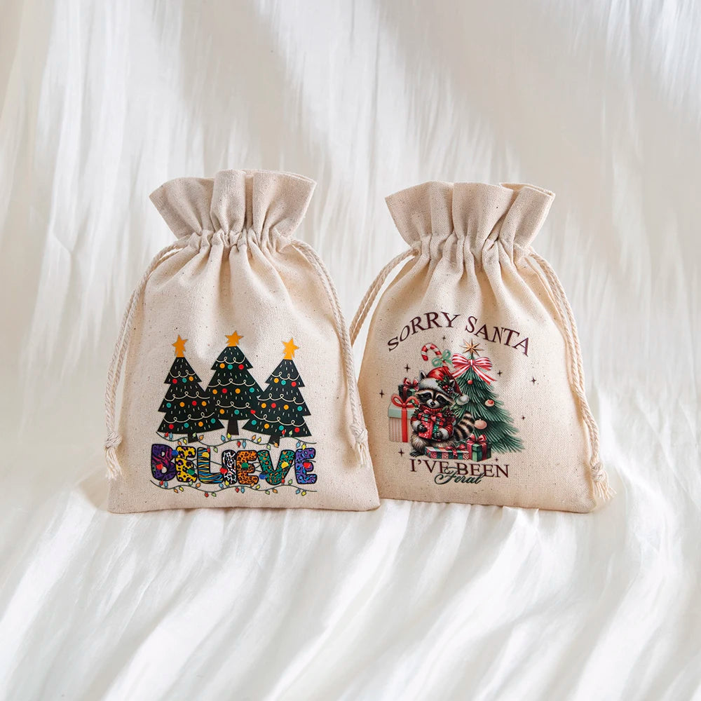 100PCS Christmas Linen Drawstring Bags Candy Biscuits Pouchs Burlap Bracelet Jewelry Storage Bags Xmas Kids Gift Packaging Bags