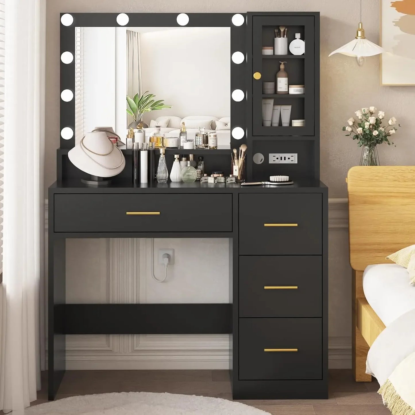 White Vanity with Mirror and Lights, Makeup Vanity Desk with 4 Drawers,Glass Door Storage Cabinet,Charger Station,3 Color Modes