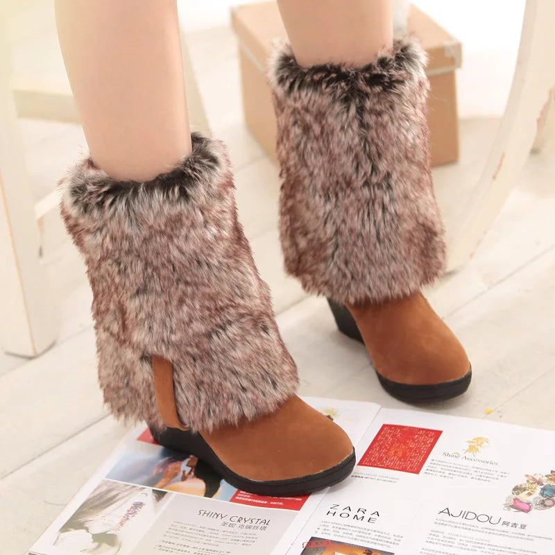 Winter  Styles Fur Boots Ladies High Heels Platform Knee High Snow Boots Women 2020 Warm Fur Wedge Shoes Woman 896