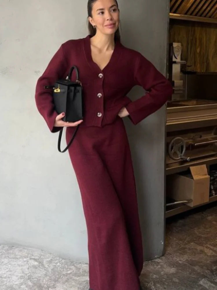 2024 Chic Burgundy High Waisted Knitted Skirt Sets Women's Elegant V-neck Button Down Cardigan Suit Autumn Female Commute Outfit