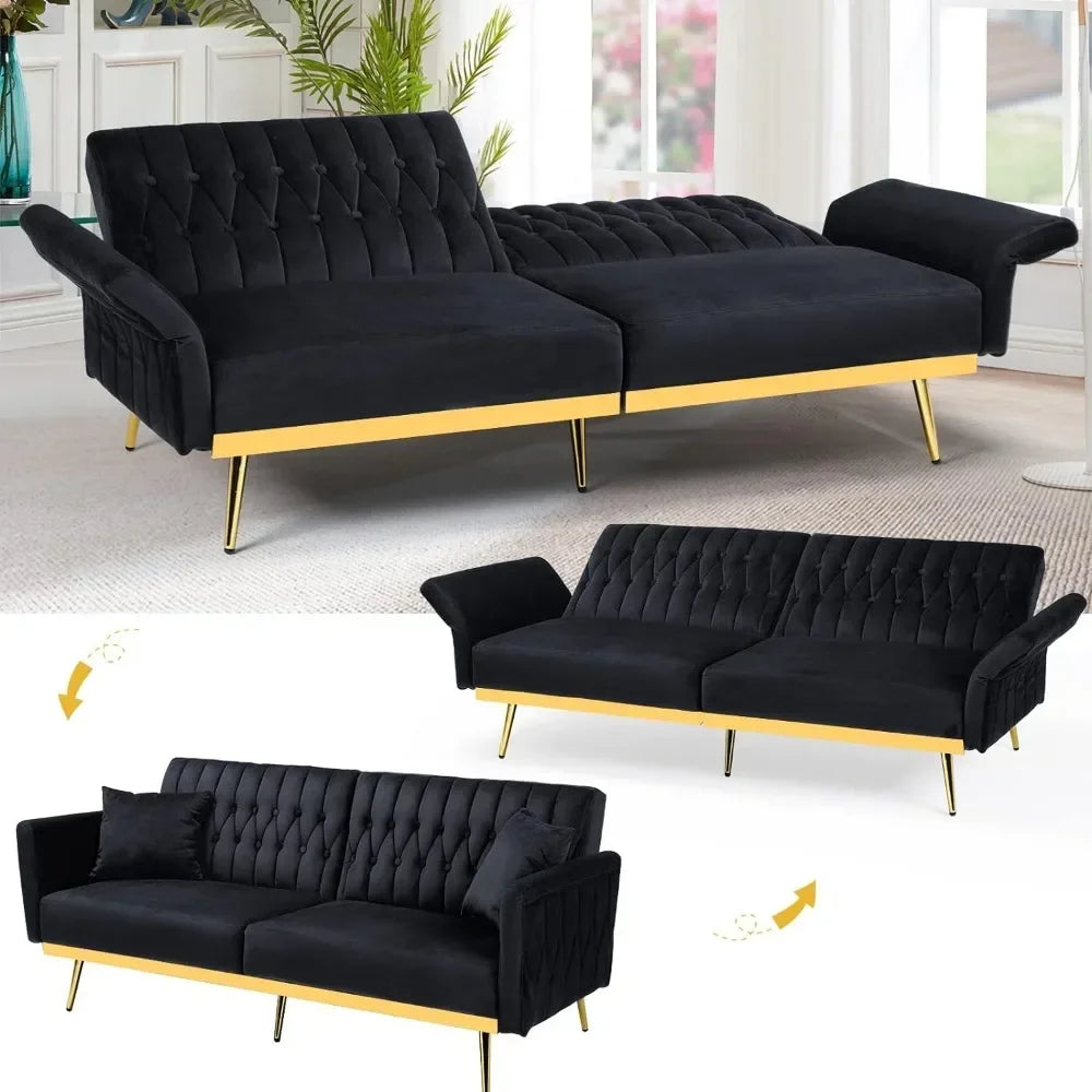 Velvet Futon Sofa Bed with 2 Pillows and Adjustable Armrests, Convertible Sleeper Bed, Living Room Sofa