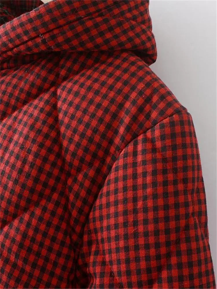 Plus Size Women's Clothing Winter Coat Thick Warm Cotton Jacket With Small Plaid Pattern Single Breasted Hooded Cotton Coat