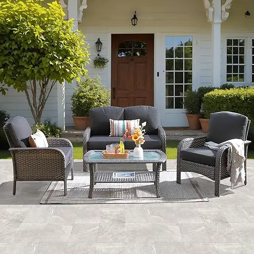 4 Pieces Patio Furniture Set, with Coffee Table, Chairs, All Weather High Back Rattan Loveseat Couch,Outdoor Wicker Sofa