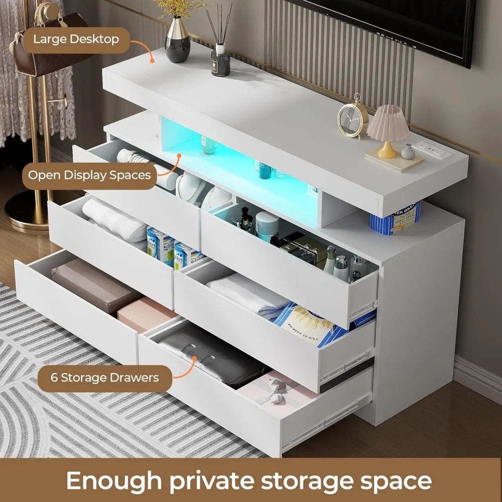 White Dresser for Bedroom with Charging Station and LED Lights, 6 Drawer Dresser Chests of Drawers, Wood Dresser