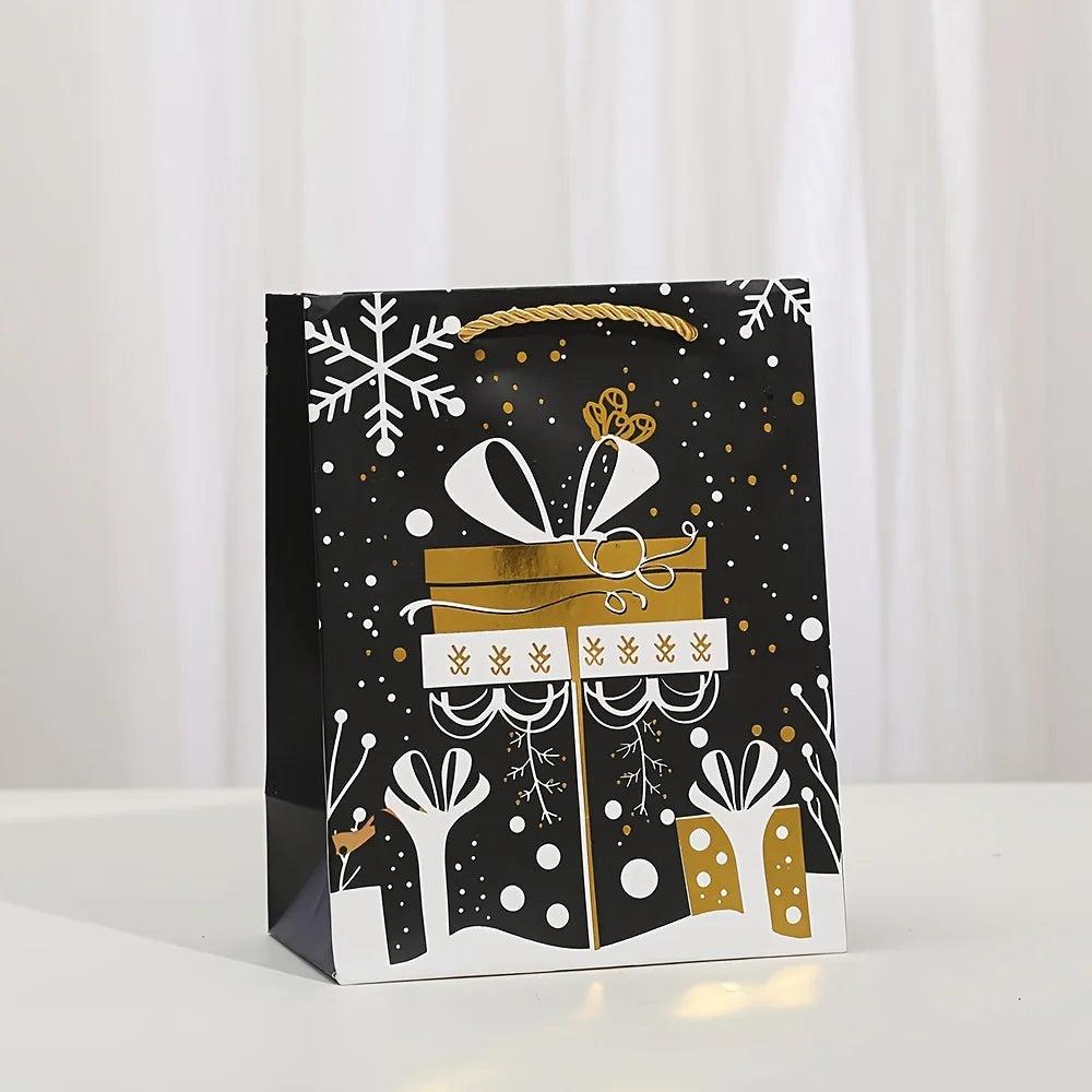 12 Pcs Festive Christmas Gift Bags Black with Golden Printed Designs - Perfect for Wrapping Holiday Presents