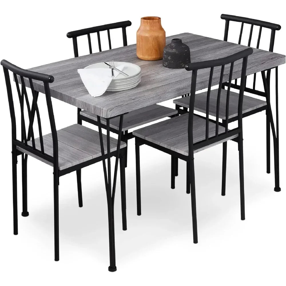 5 Piece Metal & Wood Interior Rectangular Dining Table Furniture Set for Kitchen, Dining Room, Breakfast Corner with 4 Chairs