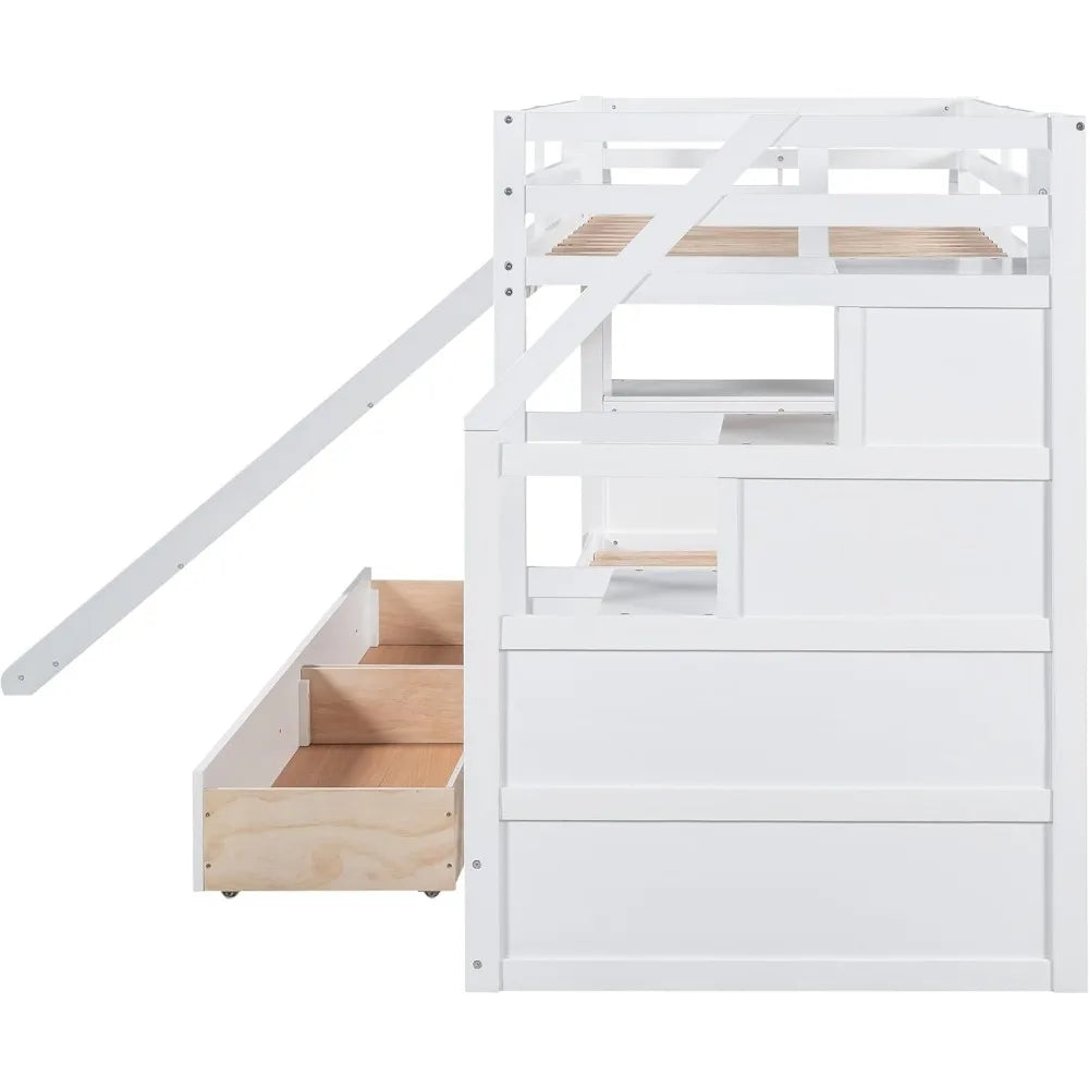 Twin Over Twin Bunk Bed with Stairs and Slide, with Storage Drawers for Kids Girls Boys, Solid Wood Bunk Bed Frame