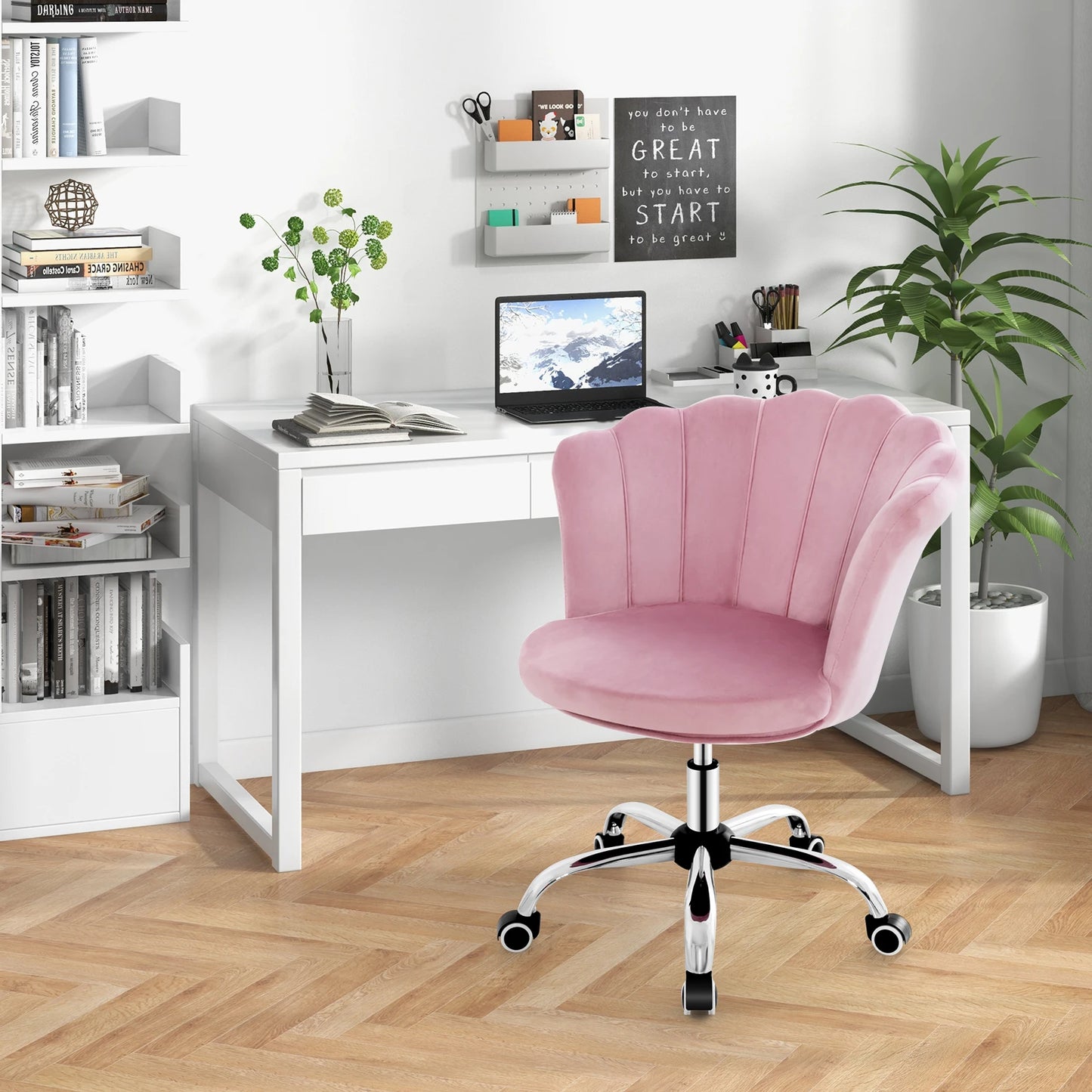 Velvet Petal Shell Office Chair Adjustable Swivel Accent Vanity Armchair Pink