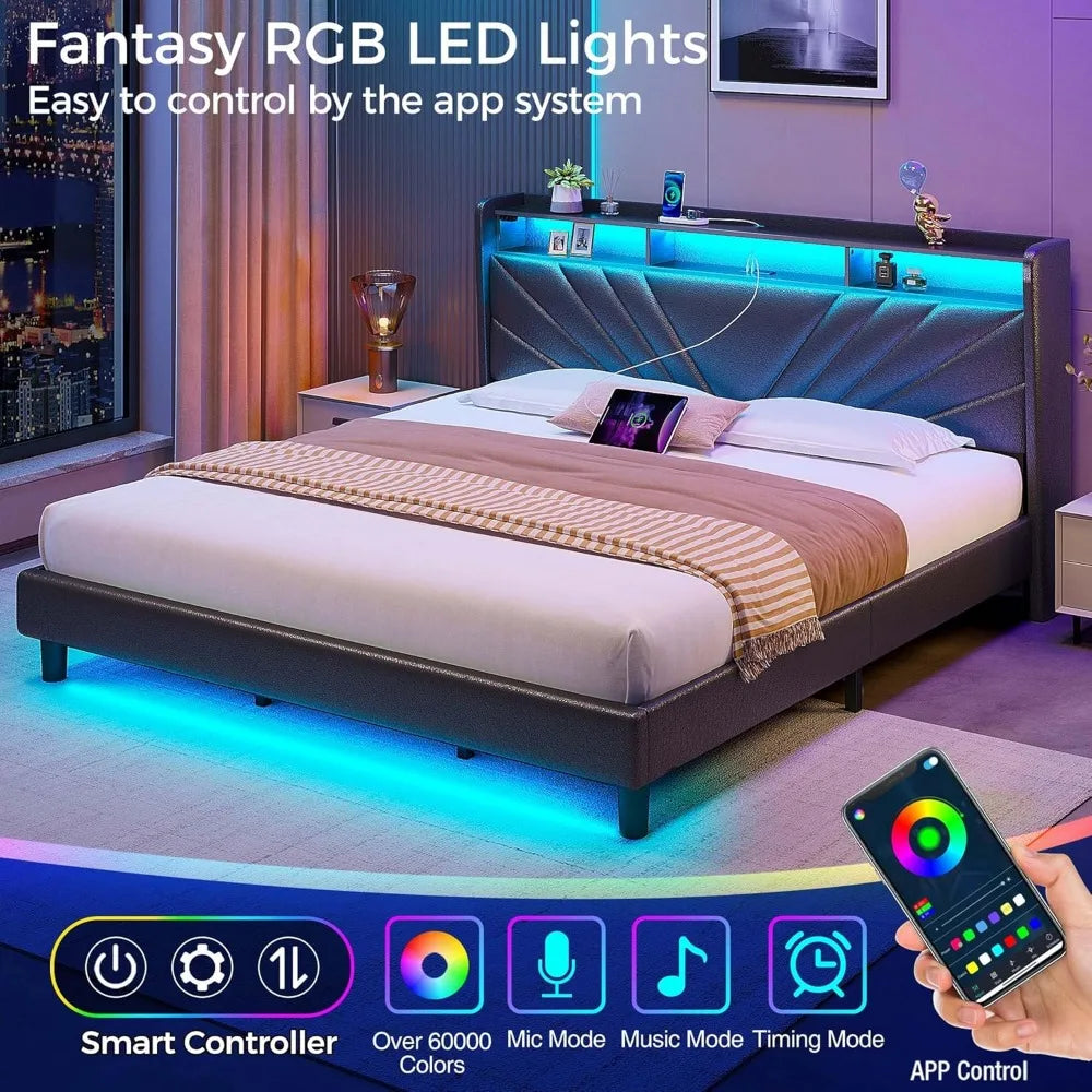 King Size Bed Frame, Storage Headboard with Charging Station and LED Lights, Upholstered Bed with Heavy Duty Wood Slats