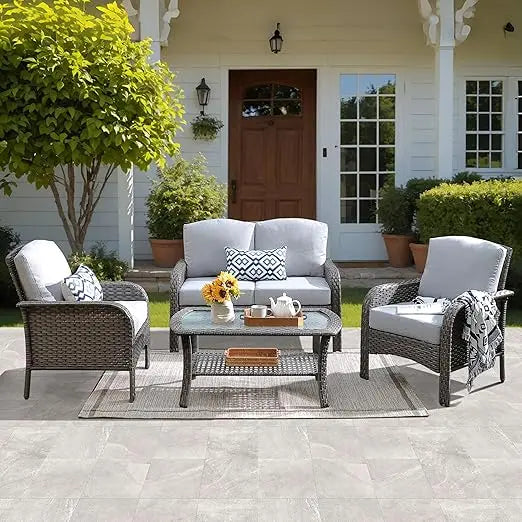 4 Pieces Patio Furniture Set, with Coffee Table, Chairs, All Weather High Back Rattan Loveseat Couch,Outdoor Wicker Sofa