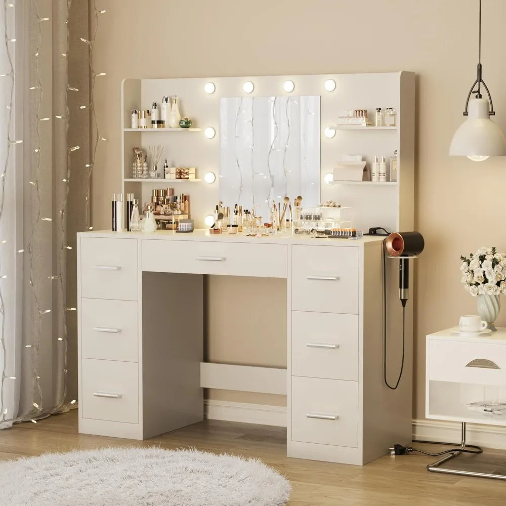 Vanity Desk with Mirror, LED Lights and Power Outlet with 7 Drawers and 6 Storage Shelves Dressing Table for Dressing Room