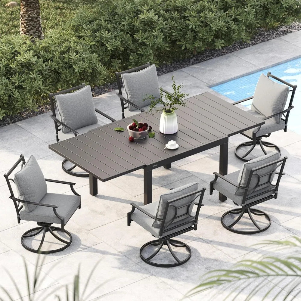 7-Piece Patio Dining Set, Outdoor Dining Sets Swivel Patio Dining Chairs with Olefin Cushions ,Rectangular Faux Woodgrain Table