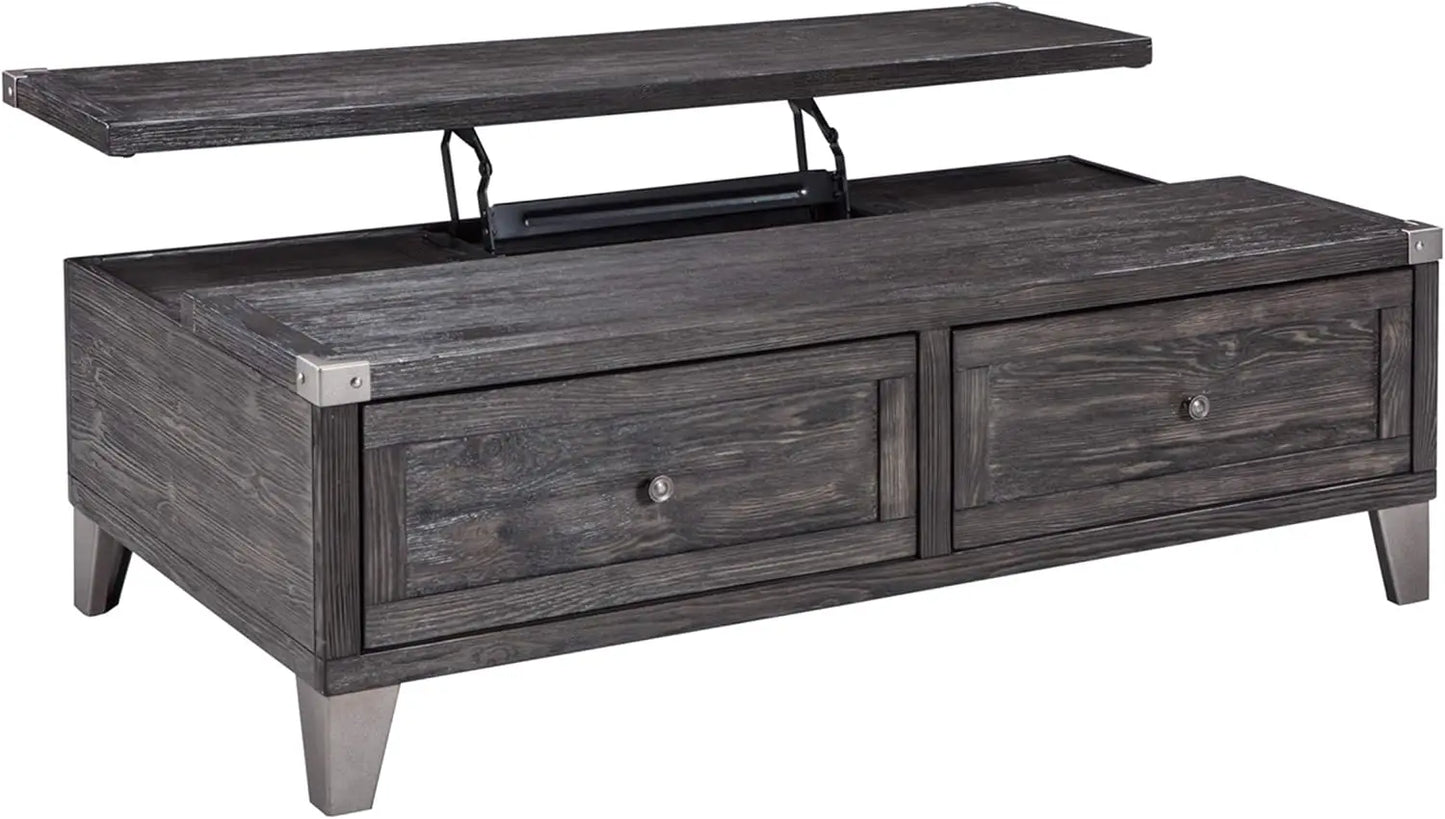 Industrial Rectangular Lift Top Coffee Table with 2 Storage Drawers, Dark Gray with Weathered Pine Finish