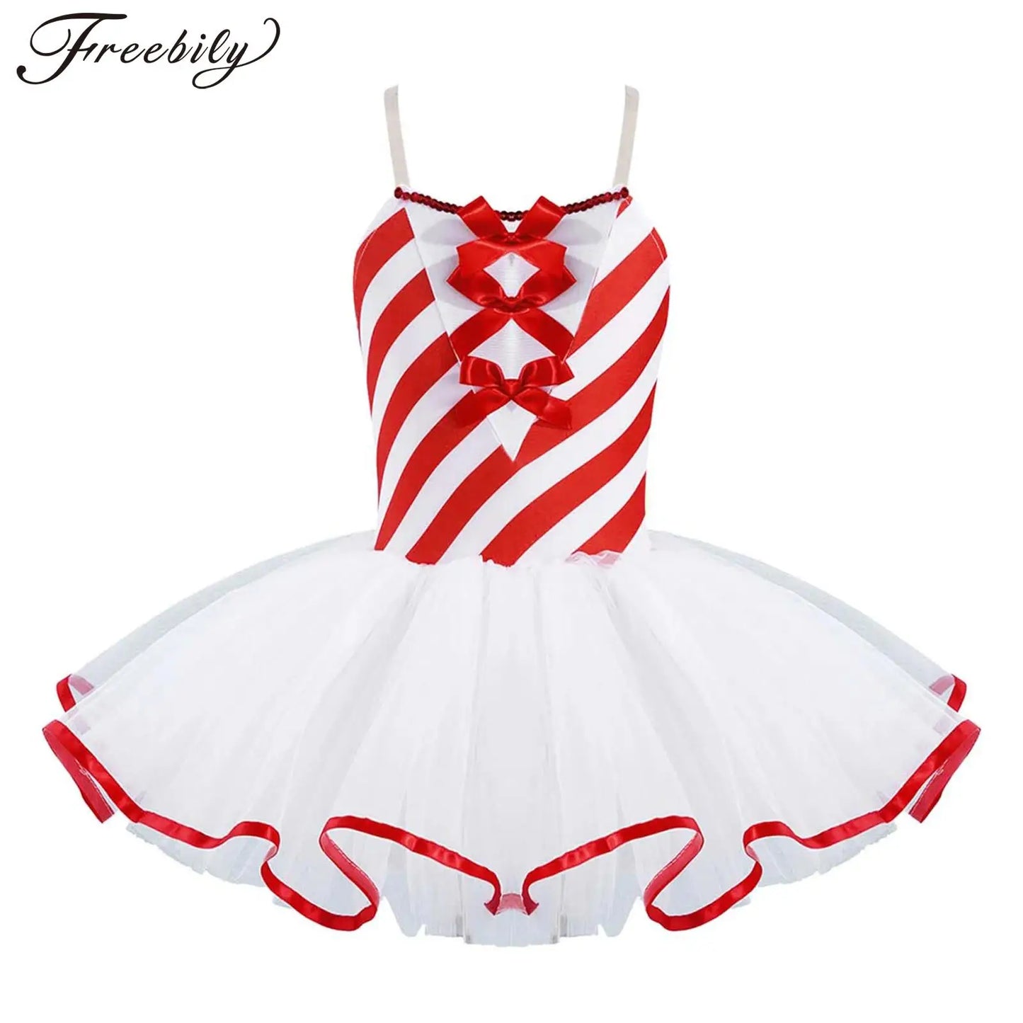 Kids Girls Candy Cane Striped Ballet Tutu Dance Dress Christmas Figure Skating Dance Costume for Carnival Cosplay Theme Party