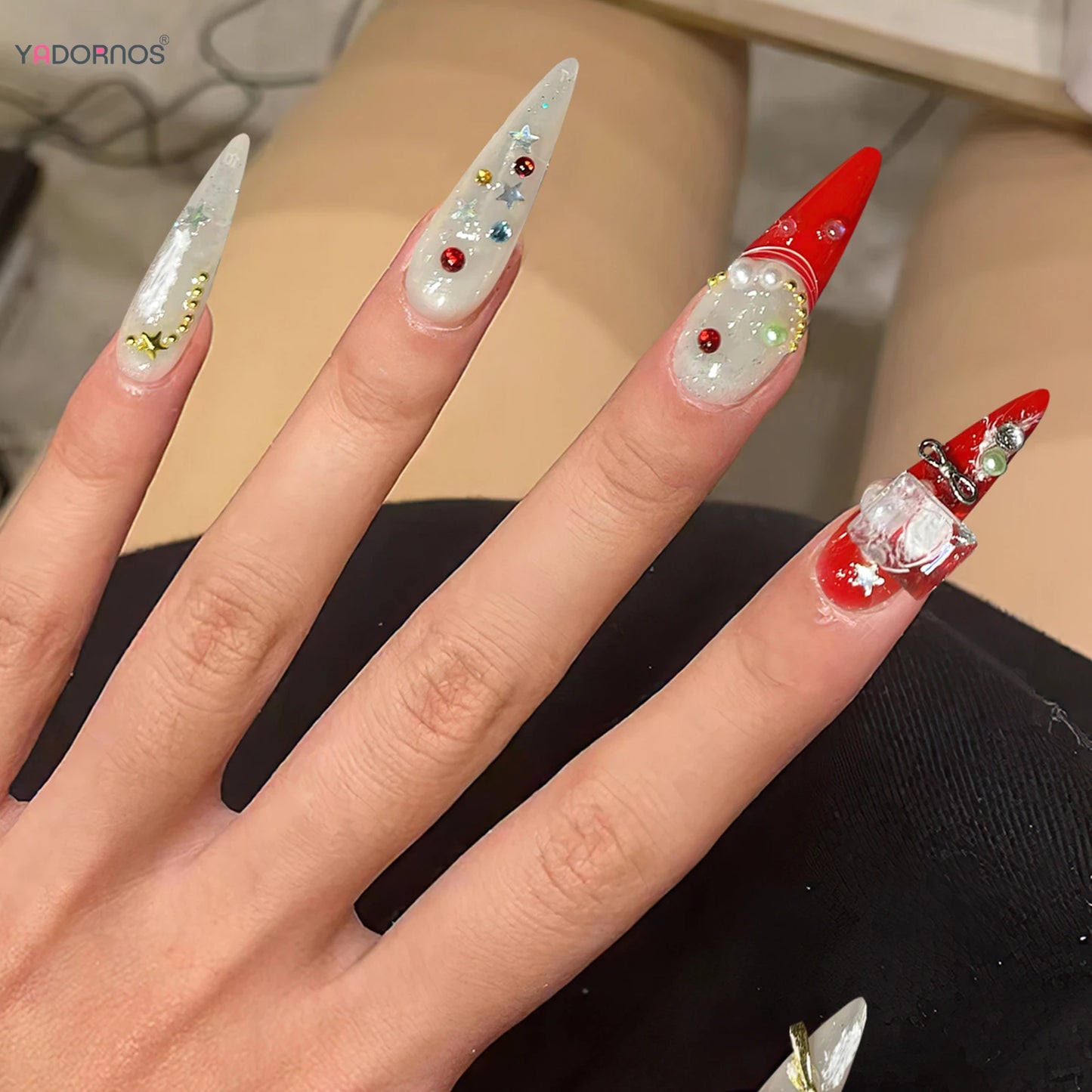 10Pcs Handmade False Nails Long Stiletto Christmas Press on Nails Red White Color Charms Star Bowknot Xmas Tree Designs Manicure