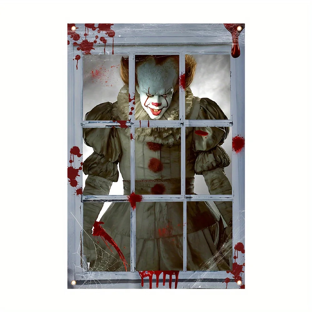 Halloween Horror Clown window decoration banner, polyester material - no power needed - perfect for room decoration