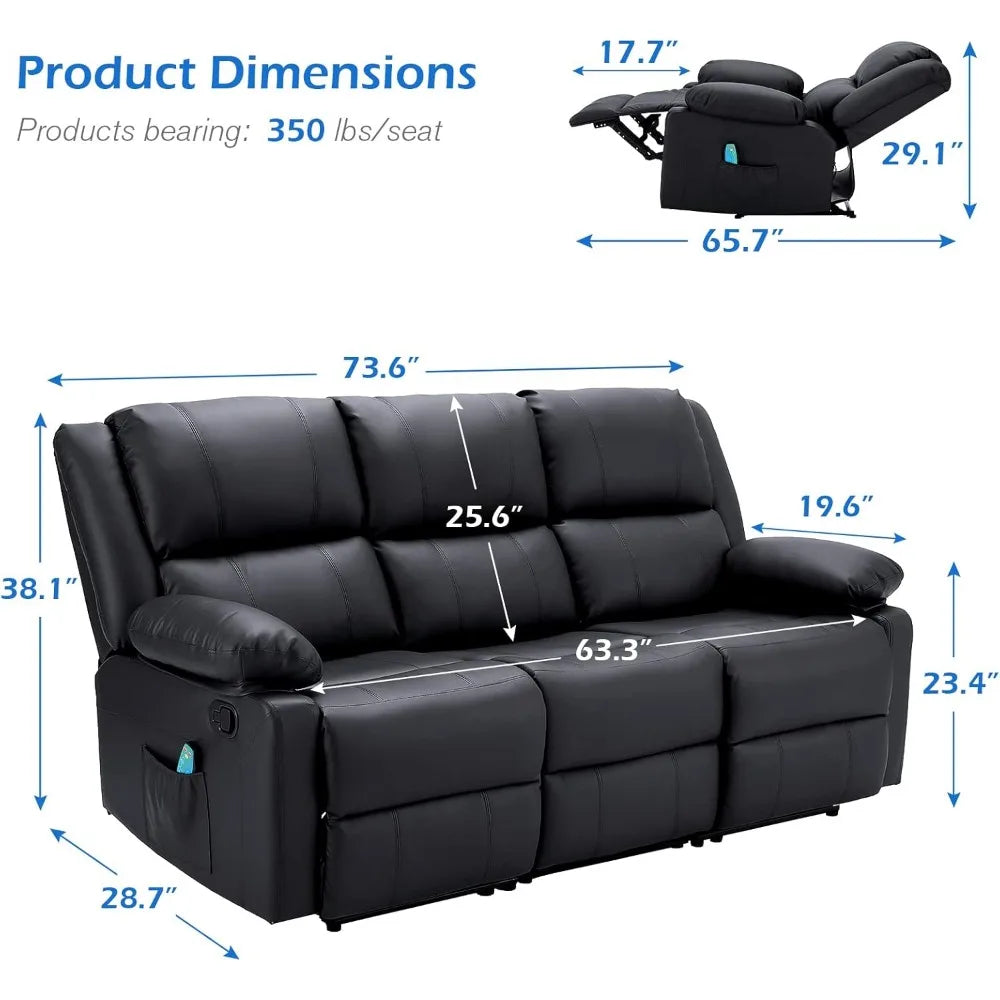 Reclining Sofa with Massage&Heat Function, Wall Hunger Recliner Couch 3-Seat Manual Faux Leather RV Sofa Couch, Home Theater