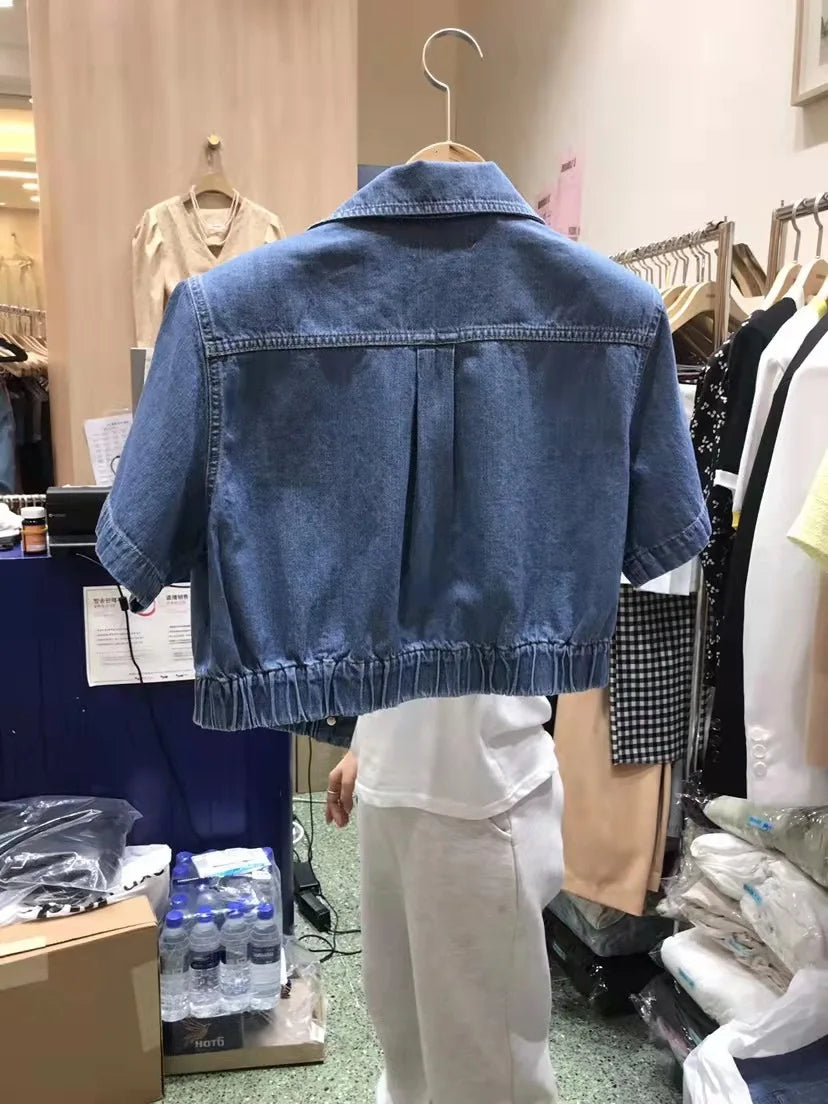 Jaqueta Jeans Feminina Short Sleeve Denim Coat Lapel Double Pocket Chaqueta Mujer Y2k Shirt Crop Jean Jacket Vintage New