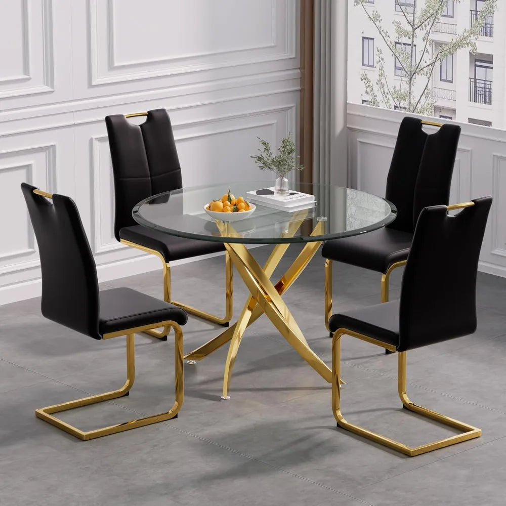 5 Piece Glass Dining Table Table Set, with 4 PU Dinings Chairs for Kitchen Dining Room,Kitchen Table Set