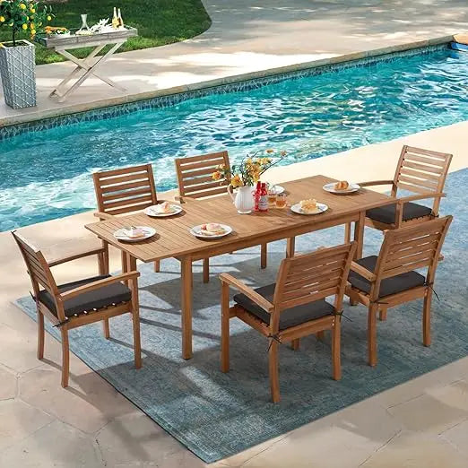 7 Piece Patio Dining Set, Extendable Rectangular Table and 6 Stackable Chairs, Outdoor Acacia Wood Furniture Set