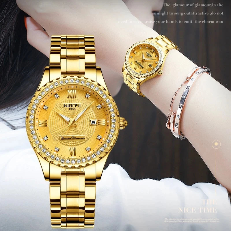 NIBOSI Brand Luxury Gold Quartz Watch for Women Stainless Steel Waterproof Date Fashion Diamond Womens Watches Relogio Feminino